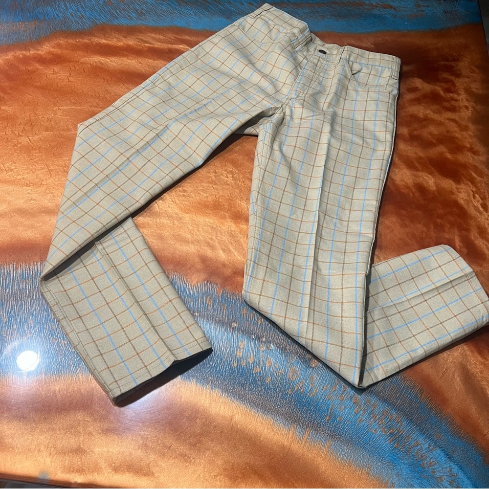 Vintage LEVIS Sta-Prest BIG E Plaid 60s PANTS Jeans Tan Blue 29”